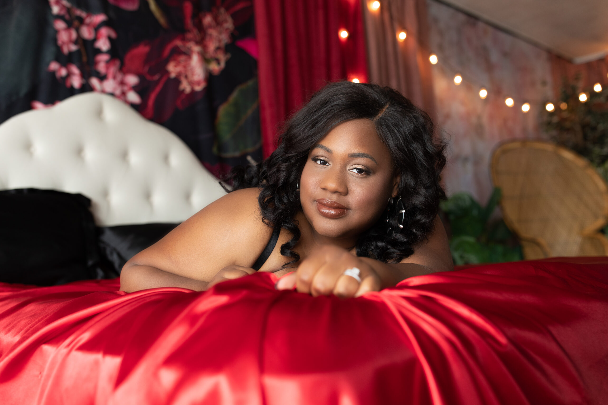 Red satin sheet boudoir, sexy photos, the creative shutter photographer