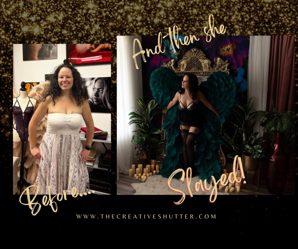 Before and after, the creative shutter boudoir, teal wings, leah maria 